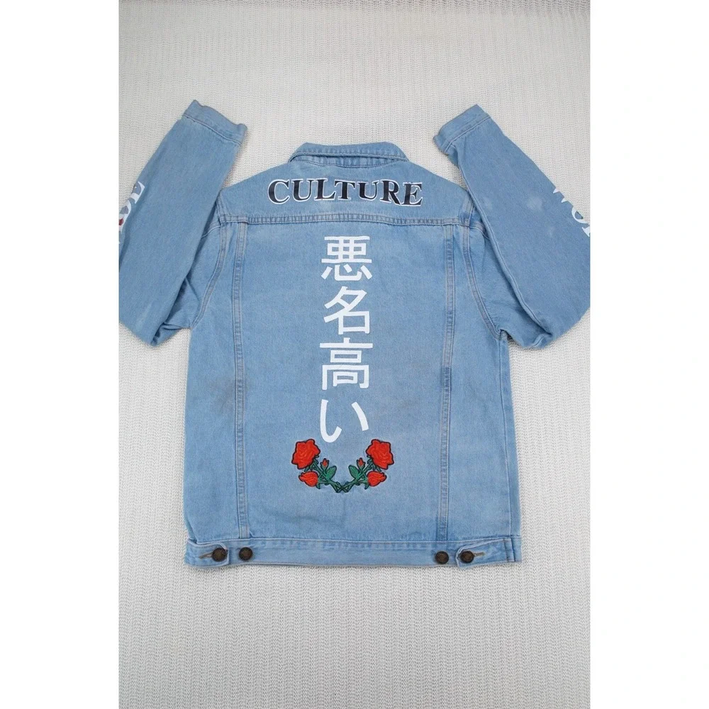 Rue 21 Jean Jacket Womens Small Blue Denim‎ Rose Worldwide Graphic Trucker